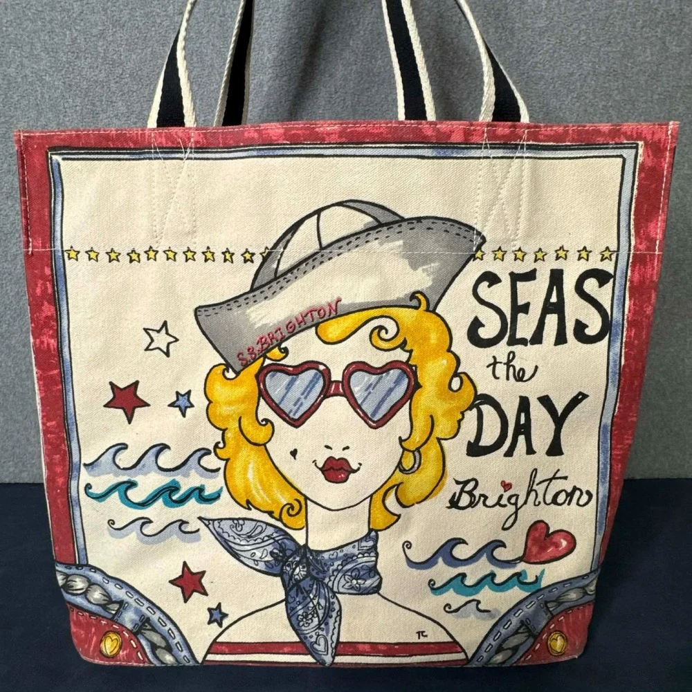 Brighton Canvas Tote Seas The Day Large Nautical Beach Bag Travel Shoulder Bag - Picture 2 of 14
